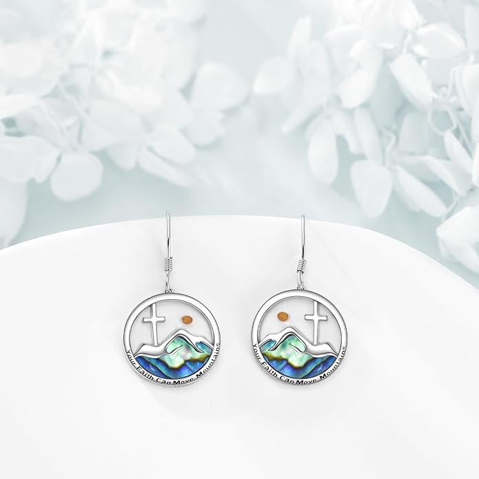 AOBOCO Mustard Seed Earrings for Women Sterling Silver Mountain Cross Earrings Dangle Christian Religion Jewelry Mothers Day Birthday for Mom Wife Friends