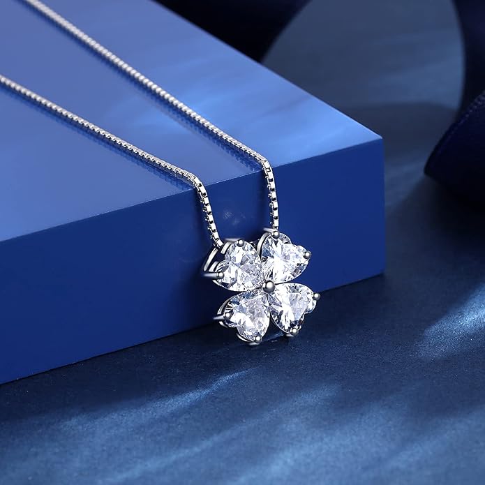 JIANGXIN Colorful Birthstone 925 Sterling Silver Handmade Pendant Necklace for Women Lucky Four Leaf Clover Plant Shamrock Jewelry Rhodium Plated