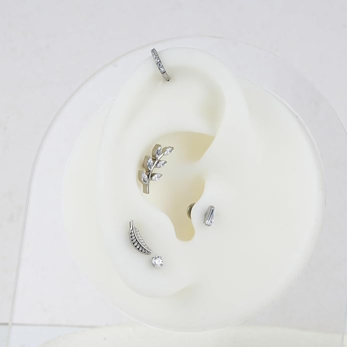 FINE4U 1PC Leaf Flat Back Stud Flat, Helix, Conch, Tragus 6mm 8mm - ASTM F136 Titanium Screw on Body Piercing Jewelry