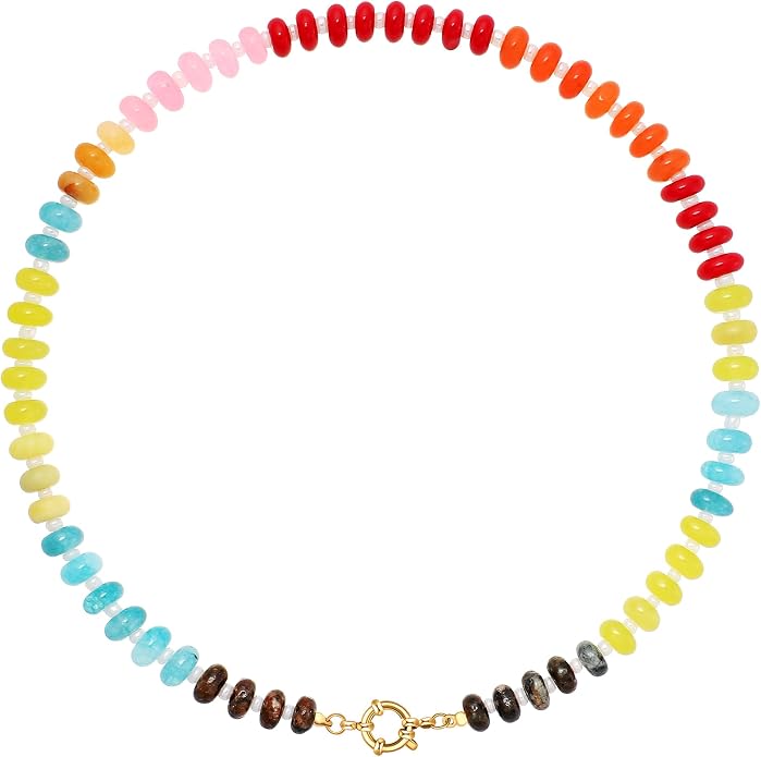LALAPPLE Colorful Beaded Gemstone Necklace for Women, Boho Rainbow Bead Choker with Natural Stone Crystal Beads, Handmade Summer Beach Necklace Jewelry