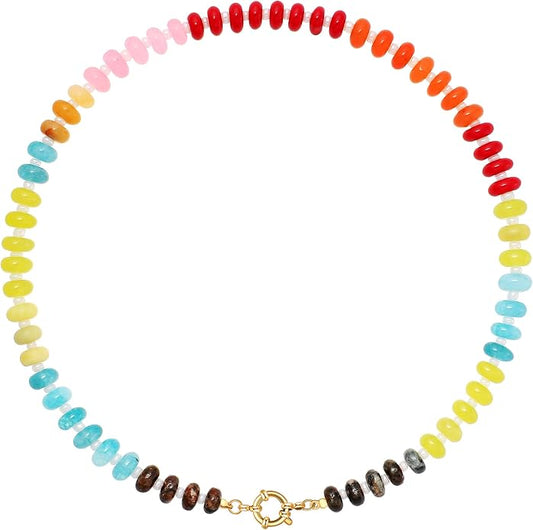 LALAPPLE Colorful Beaded Gemstone Necklace for Women, Boho Rainbow Bead Choker with Natural Stone Crystal Beads, Handmade Summer Beach Necklace Jewelry