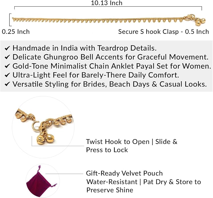 Duel On Jewel Gold Payal Set for Women, Indian Paayal Jhanjar Chain Anklets with Bell Detail, Foot Jewelry Pair, 10 Inch Comfort Fit, Traditional & Dainty Styles for Wedding Beach Everyday Gift