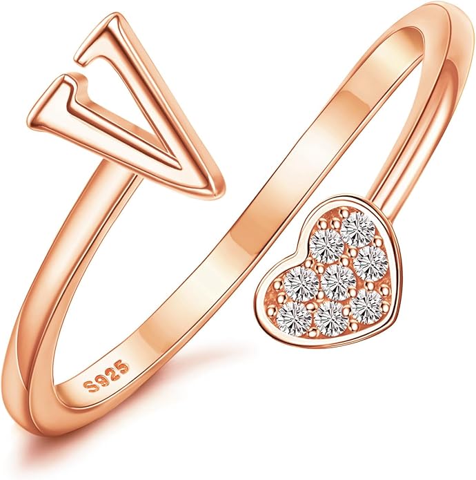 MILACOLATO 925 Sterling Silver Initial Rings for Women Teen Girl 18K Gold Plated Heart Initial Rings Adjustable Capital Letter Ring Stackable Thumb Pinky Rings for Daughter Birthday Bridesmaid Gifts Jewelry, A to Z