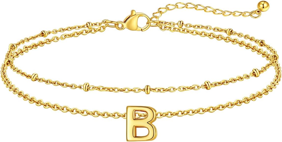 FaithHeart Initial Ankle Bracelets for Women, Waterproof 14k Gold Plated Initial Anklets Non Tarnish Stainless Steel Cute Layered Anklet Summer Beach Jewelry