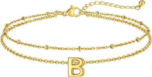 FaithHeart Initial Ankle Bracelets for Women, Waterproof 14k Gold Plated Initial Anklets Non Tarnish Stainless Steel Cute Layered Anklet Summer Beach Jewelry