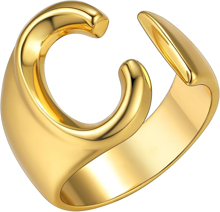 KeyStyle Bold Initial Letter Rings Adjustable, GoldChic Jewelry Women Gold Statement Ring Personalized Engraved Women’s Open Signet Ring for Party (Gold, White Gold, Black)