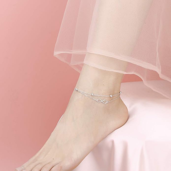 Flyow Anklet for Women S925 Sterling Silver Adjustable Foot Beaded Heart Charm Ankle Bracelet Anklets Jewelry