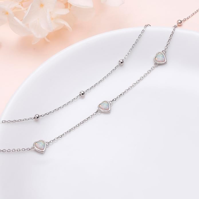 Flyow Anklet for Women S925 Sterling Silver Adjustable Foot Beaded Heart Charm Ankle Bracelet Anklets Jewelry