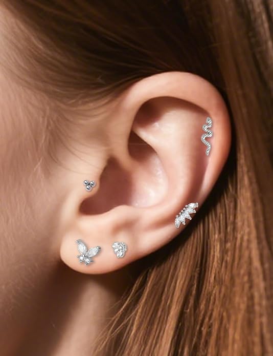 14K Gold Filled 20G 18G 16G Threadless Flat Back Earrings Studs Surgical Stainless Steel Opal CZ Push In Nose Rings Studs Tragus Helix Conch Cartilage Earrings Piercing Jewelry For Women Men