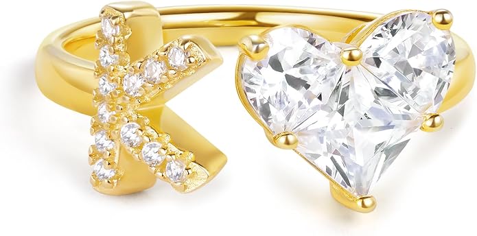 KissYan Sterling Silver Initial Heart Ring for Women, S925 Letter Rings 14K Gold Plated Open Adjustable Dainty Pave CZ Personalized Fashion Trendy Gifts for Mother's Day