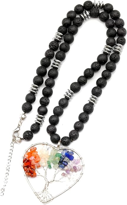 ElisaJewelryArt - Natural Labradorite Big Tree Of Life Black Lava Stone Beaded Necklace Genuine Gemstone Energy Stone Clasp Closure Necklace Unisex Necklace