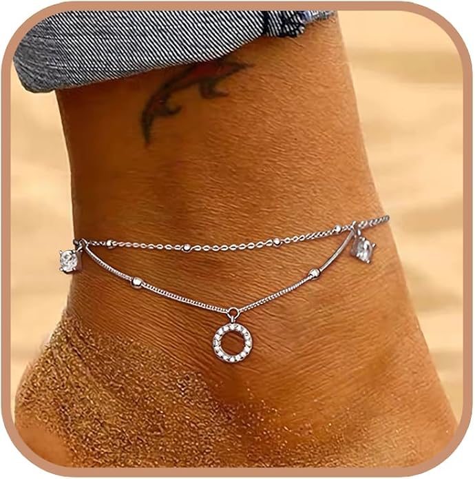925 Sterling Silver Beaded Anklets for Women 14K Gold Plated Layered Ankle Bracelets Waterproof Cubic Zirconia Circle Charm Anklets Summer Jewelry Birthday Graduation Gifts