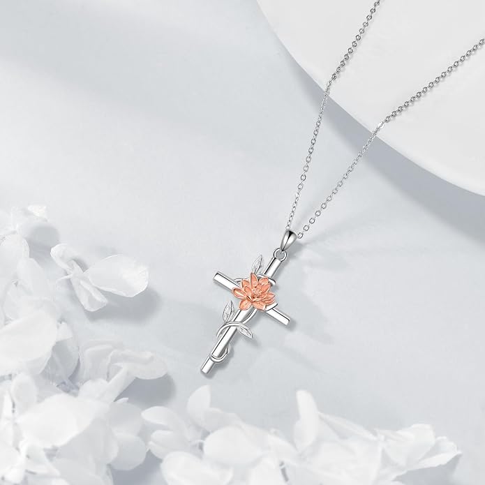 Flower Cross Necklace 925 Sterling Silver Carnation/Rose/Lily/Daisy Cross Necklace Birth Flower Jewelry for Women