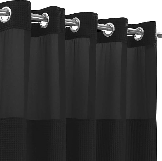 River Dream Cotton Blend Fabric Shower Curtain Set with Liner, Black, 54x80 | Waffle Weave, No Hook Needed, with Snap in Replacement Liner, Top Sheer Window, Hotel Quality Fabric for Bathroom