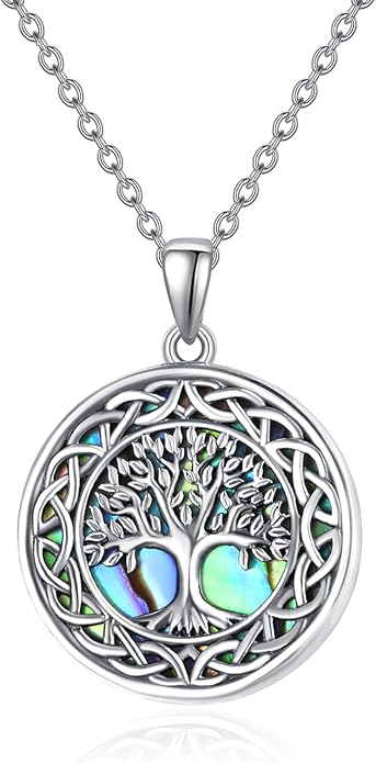Tree of Life Necklace for Women – Sterling Silver Nature-Inspired Dainty Round Pendant, Green Abalone Shell Inlaid - Spiritual Jewelry Gift