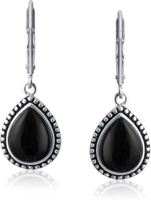 Bling Jewelry Boho Western Style Milgrain Setting Semi Precious Gemstones Lapis Turquoise Jade Onyx Quartz Pear Shaped Teardrop Lever Back Dangle Drop Earrings Teen Oxidized .925 Sterling Silver