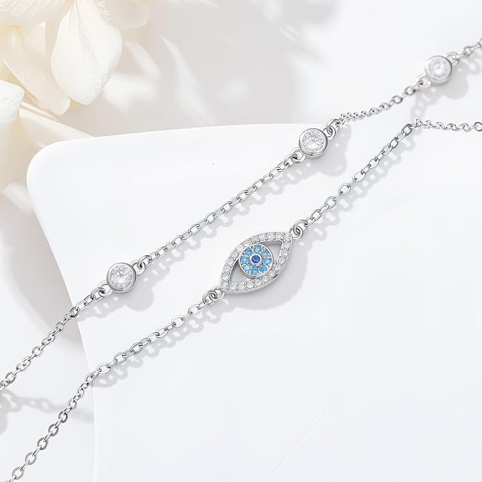 Evil Eye/Butterfly Cross Anklet for Women 925 Sterling Silver Blue Evil Eye Anklets Butterfly Bracelets Greek Blue Eyes Layered Protection Chain Jewelry Christmas Gifts