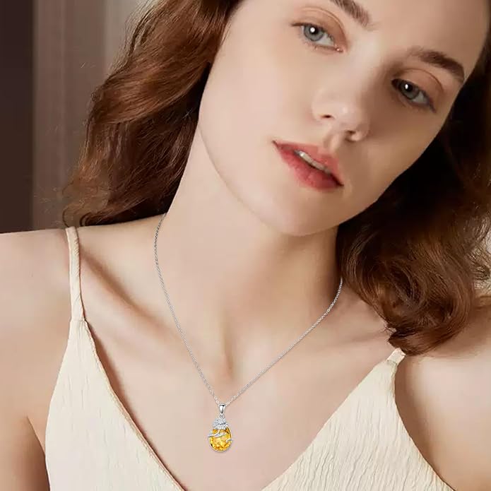 925 Sterling Silver Birth Flower Necklace with Teardrop Shaped Birthstone - 12 Colors, 12 Kinds of Flower - Ideal Birthday Jewelry Gift for Women, Mothers, Daughters & Wives