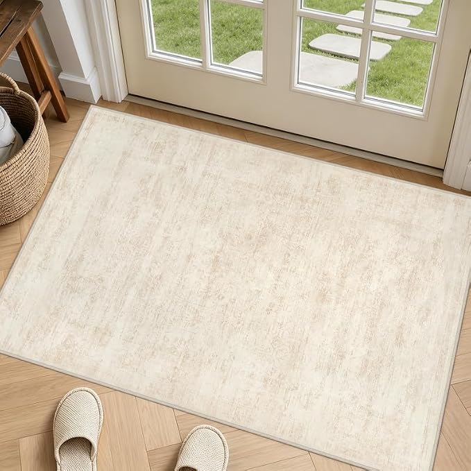 Machine Washable Area Rugs 2x3: Vintage Boho Neutral Washable Rug Indoor Soft Small Entryway Throw Carpet for Living Room Bedroom Kitchen Laundry Floor Non-Slip Low Pile Entrance Rug Retro Beige