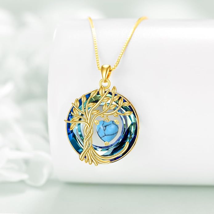 POPLYKE Mothers Day Gifts for Mom Her Wife Tree of Life Necklace 925 Sterling Silver Birthstone Pendant with Crystal Anniversary Birthday Wedding Jewelry for Women