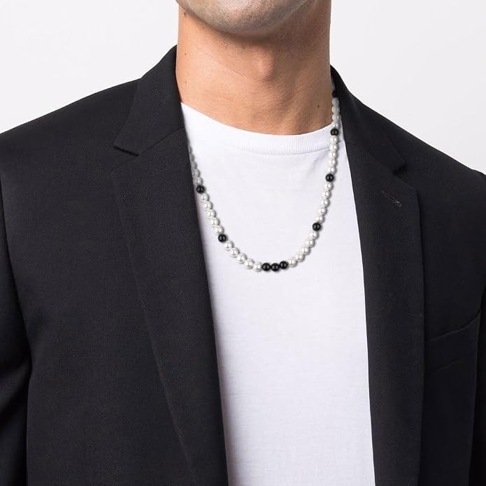 GAVU Men's Pearl Necklace, Pearl Jewelry Crystal Beaded Necklace for Men 20"/22"/24"/26"