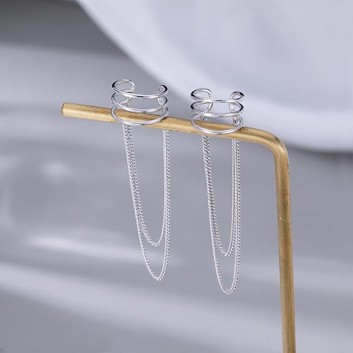 SLUYNZ 925 Sterling Silver No Piercing Cuff Earrings Chain for Women Wrap Earrings Tassel Clip On Ear