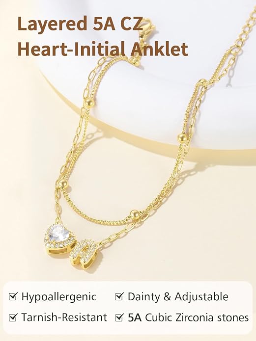 FindChic Silver/14K Gold Plated Layered CZ Initial Ankle Bracelet for Women | Waterproof Stainless Steel, Cubic Zirconia Letter Charm, Non-Tarnish, Hypoallergenic, Adjustable Extender, Summer Jewelry