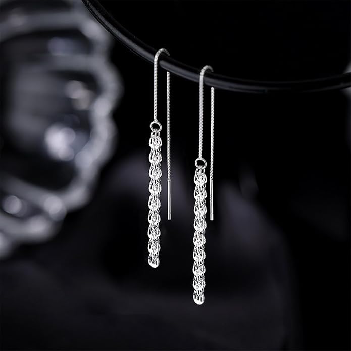 925 Sterling Silver Tassel Chain Dangle Earrings for Women Sparkling Long Fringe Dangle Drop Earrings Bling Line Minimalist Wedding Studs Earring Jewelry Birthday Christmas Gifts for Her
