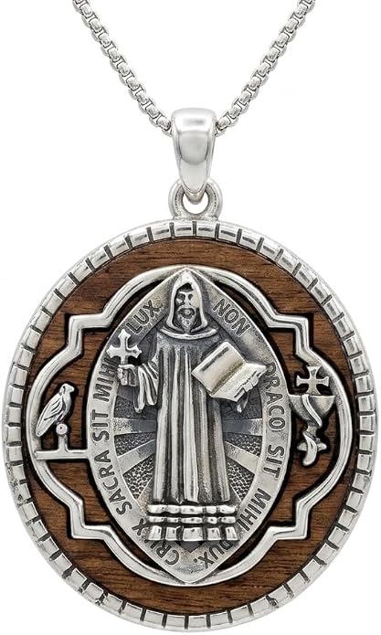 ONEFINITY Wooden Necklace Viking Wolf/St Benedict Medals/St Michael/Crucifix/St Christopher Pendant Necklace for Men Archangel Amulet Wooden Religious Jewelry Gifts for Men Women
