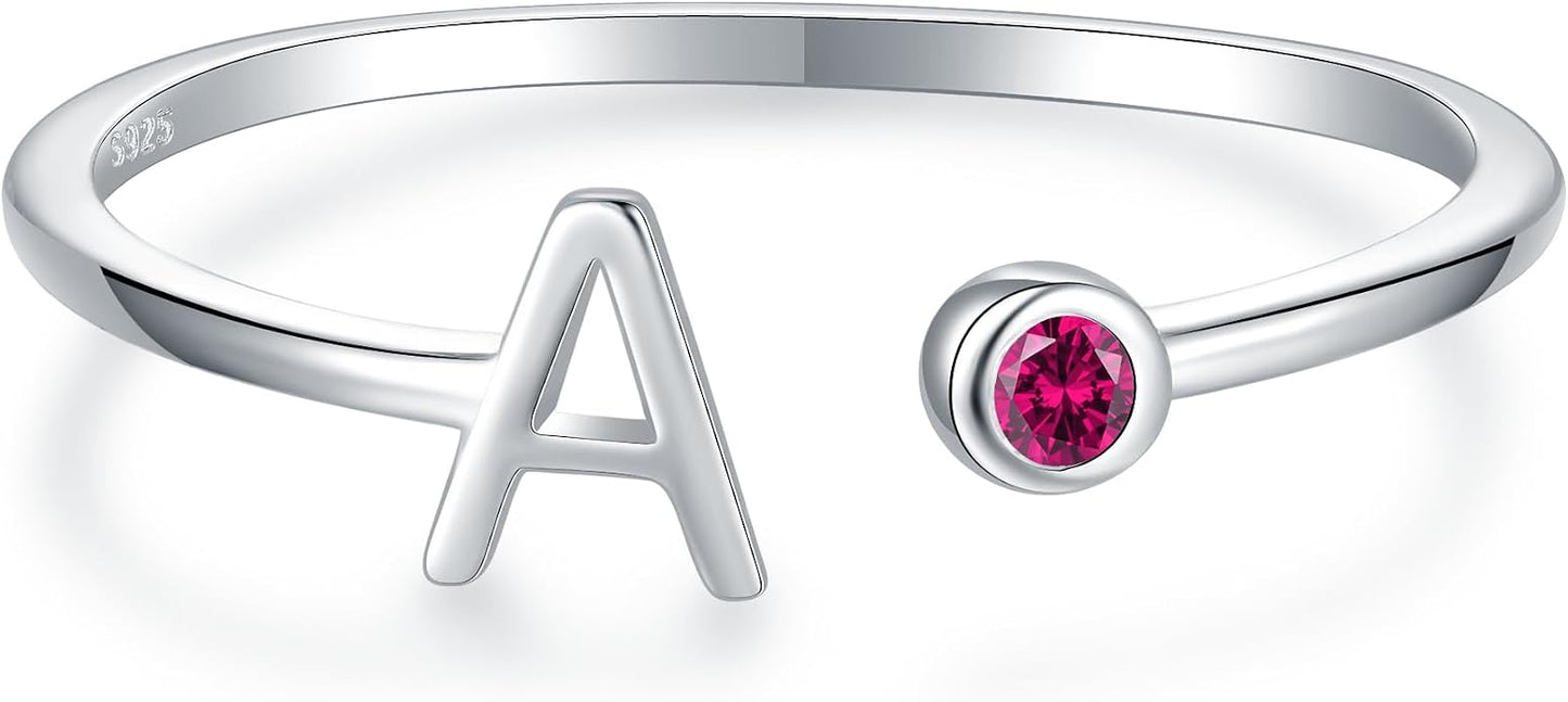 925 Sterling Silver Initial Letter Birthstone Rings for Women Adjustable 1-12 Month Birthstone Alphabet Stacking Ring for Teens Girls Stackable Birthstone Rings Birthday Jewelry Gift for Daughter Mom