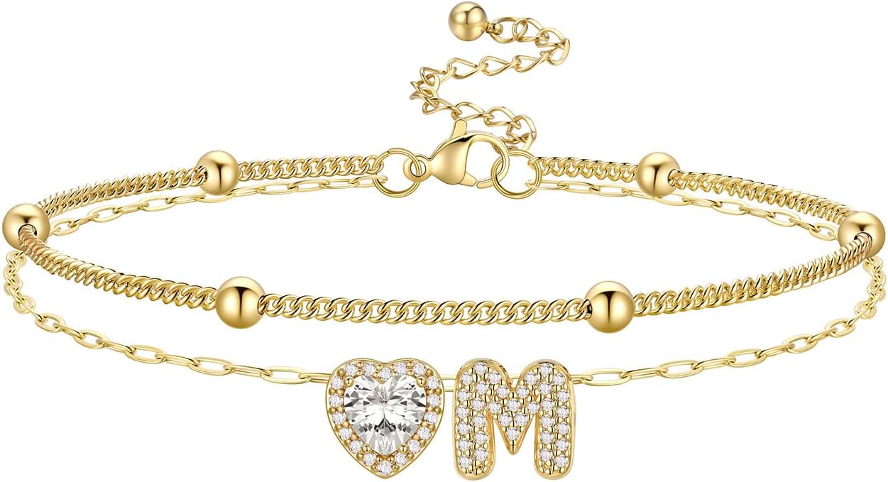 Bestyle Initial Anklet Bracelets for Women Waterproof Non Tarnish 14K Gold/White Gold Plated CZ Anklets for Women Dainty Layered Letter Heart Ankle Bracelets Adjustable Foot Chain Anklet