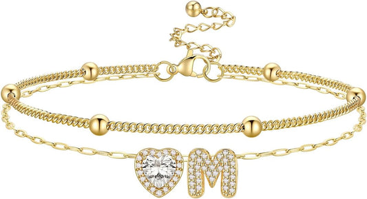 Bestyle Initial Anklet Bracelets for Women Waterproof Non Tarnish 14K Gold/White Gold Plated CZ Anklets for Women Dainty Layered Letter Heart Ankle Bracelets Adjustable Foot Chain Anklet