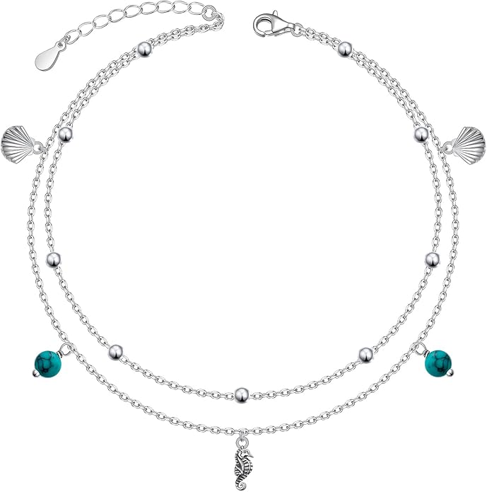 Ladytree S925 Sterling Silver Boho Beach Double Layer Anklets Bracelet for Women Adjustable 9 to 11 inches