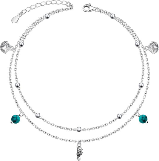 Ladytree S925 Sterling Silver Boho Beach Double Layer Anklets Bracelet for Women Adjustable 9 to 11 inches