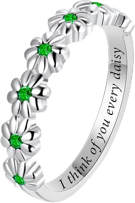 Dainty Daisy Ring for Women, S925 Sterling Silver Cubic Zirconia Sunflower Flower Ring For Daughter, I Think Of You Every Daisy Ring, Birthstone Flower Ring
