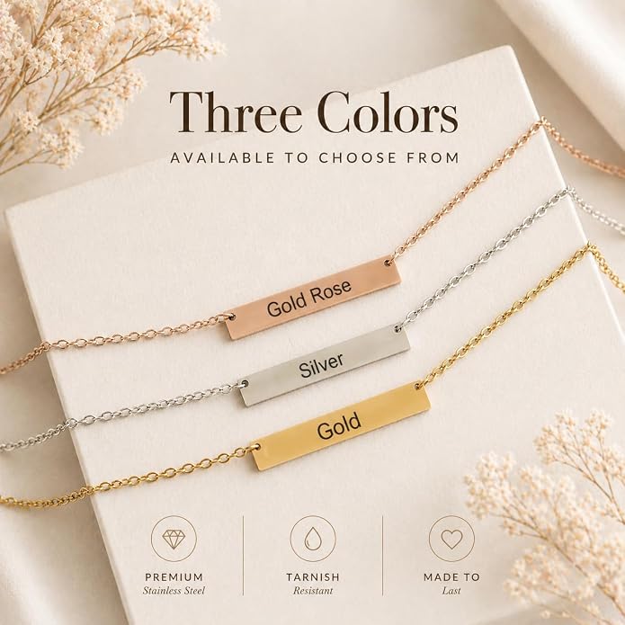 Personalized bar necklace for women, custom engraved stainless steel name plate necklace gift gold, silver and rose gold for mothers day, coordinates, dates, roman numeral, friendship, christmas