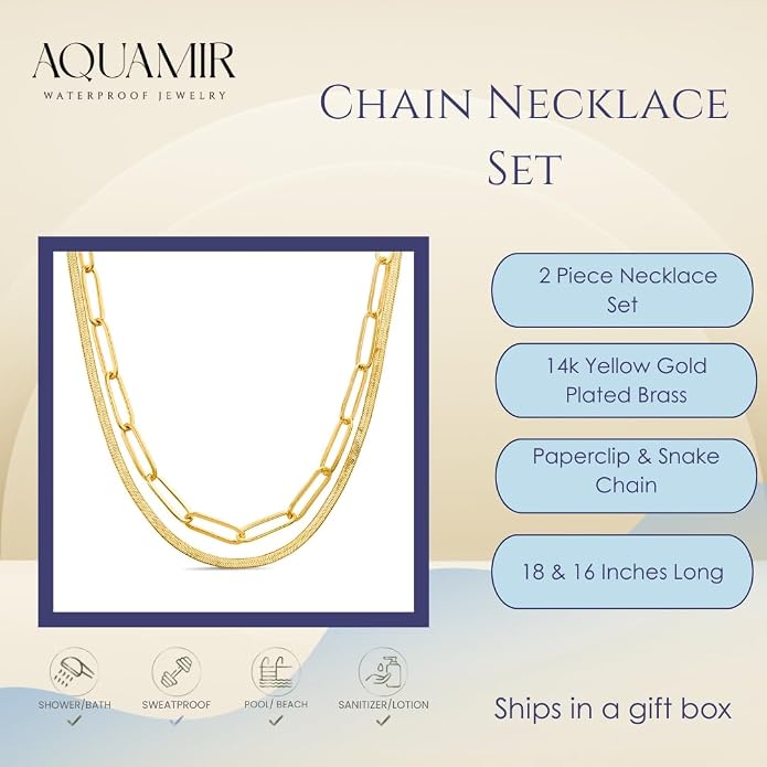 Waterproof Chain Necklace Set 14K Yellow Gold Plated Brass Herringbone Paperclip Necklaces for Women 16-18 Inches