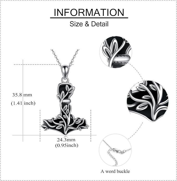 Thor Hammer Necklace 925 Sterling Silver Mjolnir Tree of Life Pendant Necklace Viking Vegvisir Jewelry for Women wife Mom