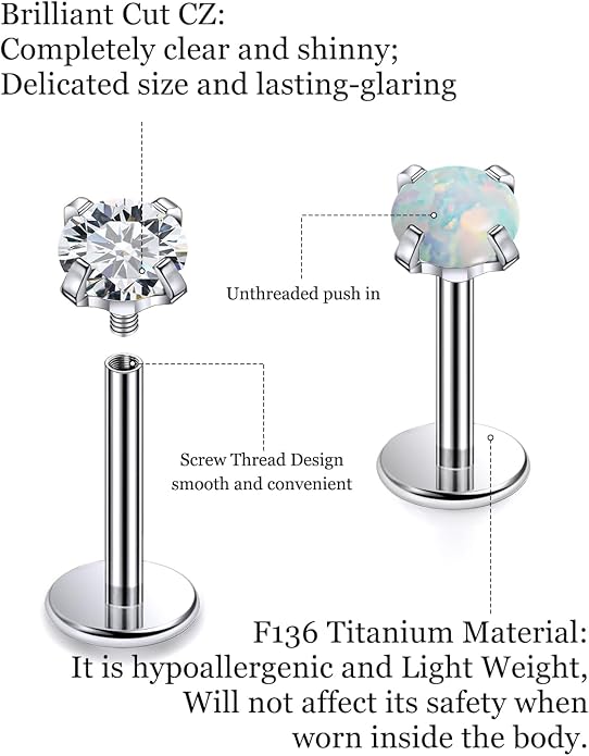 F136 Titanium Flat Back Screw on Nose Rings Earrings 20g 18g Stud for Men Women Cartilage Tragus Lip Labret Piercing Jewelry 6mm 8mm Hypoallergenic Internally Threaded