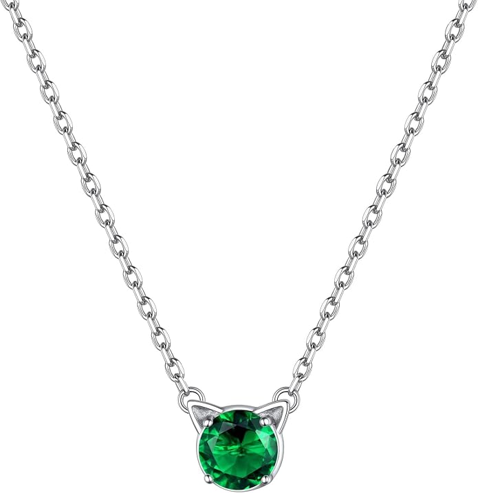 ChicSilver Bow and Cat Birthstone Necklace, 925 Sterling Silver Pendant Necklaces for Women, Hypoallergenic Silver Choker with 16 inch Rolo Chain, 12 Months Jewelry for Valentines Mothers Day Christmas