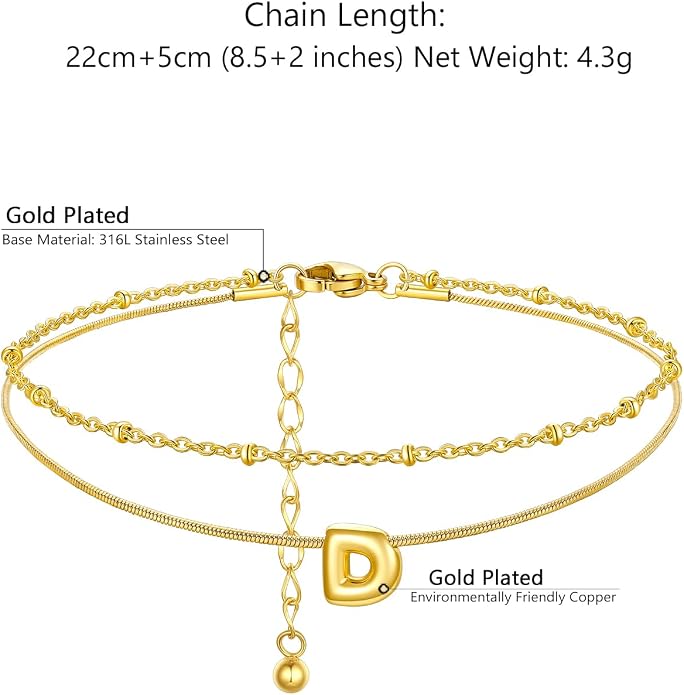 ChainsProMax Initial Ankle Bracelets for Women, Waterproof Anklets Bracelet Adjustable Summer Beach Women Foot Jewelry, Stainless Steel/Gold Plated-Send Gift Box/Letter A-Z