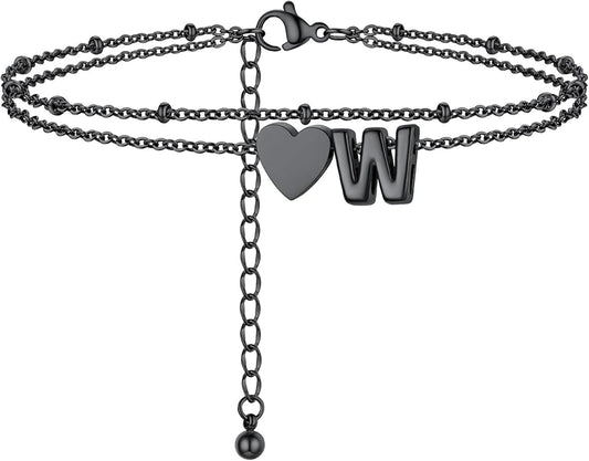 Initial Ankle Bracelets for Women, Dainty Stainless Steel Letter A-Z Layered Anklets, Heart Ankle Bracelet 8.5"-10.5" Adjustable, Summer Beach Jewelry, Come with Box