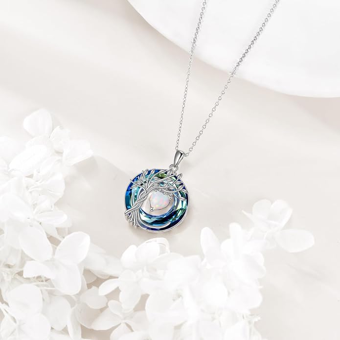 POPLYKE Mothers Day Gifts for Mom Her Wife Tree of Life Necklace 925 Sterling Silver Birthstone Pendant with Crystal Anniversary Birthday Wedding Jewelry for Women