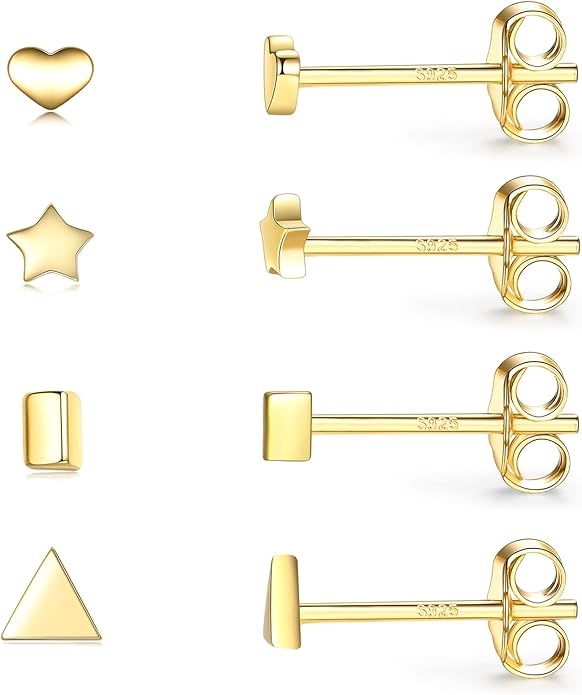 EPIRORA Sterling Silver Stud Earrings for Women Men- 4 Pairs of Hypoallergenic Simple Geometric Small Stud Earring Set Tiny Circle Triangle Square Bar Stud Earrings Mini Cartilage Tragus Earrings