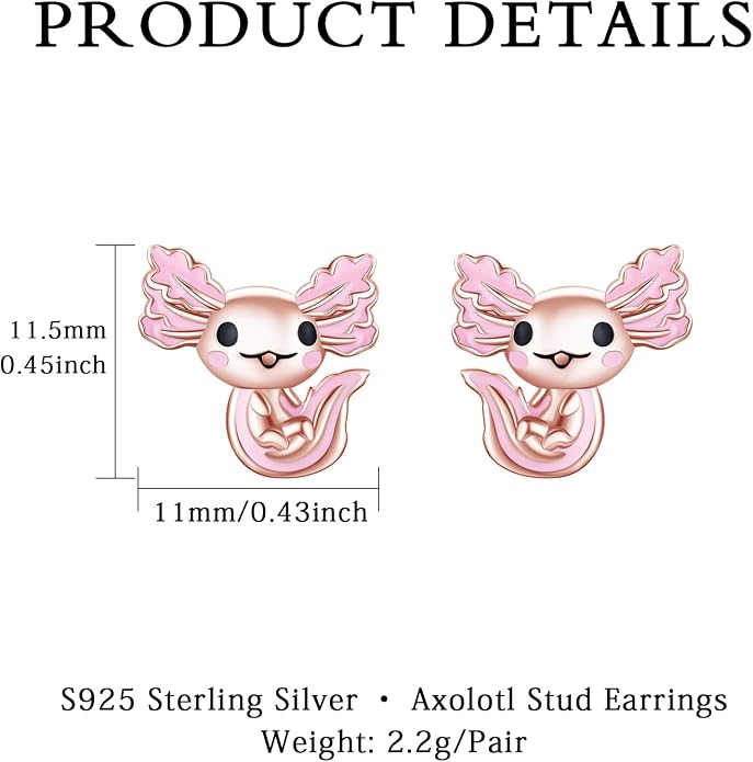 925 Sterling Silver Axolotl Earrings White Gold/Rose Gold Axolotl Jewelry for Women Girls Pink/Blue Axolotl Gifts