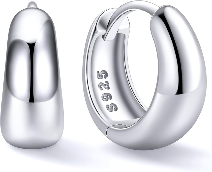 ChicSilver Solid 925 Sterling Silver Chunky Hoop Earrings for Women, Silver Small Thick Huggie Earrings Hypoallergenic Lightweight Silver Hoop Earrings for Sensitive Ears (8/10/12/14mm)