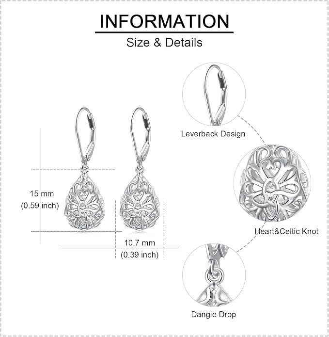925 Sterling Silver Filigree Dangle Drop Earrings Daisy/Lotus/Rose Flower/Moonstone Leverback Teardrop Earrings for Women Infinity Celtic Knot Daisy Lotus Jewelry for Mothers Day