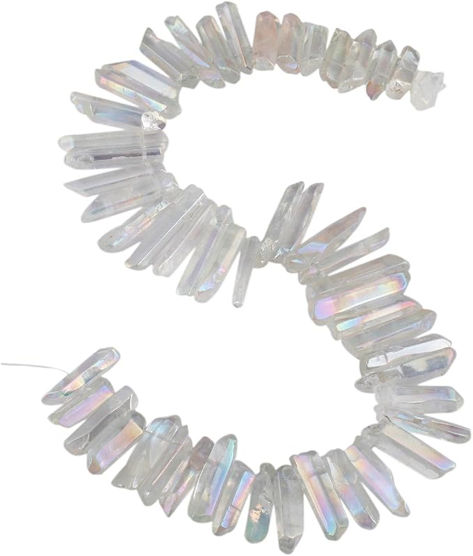 SUNYIK Angel Aura Titanium Coated Crystal Points Quartz Sticks Spikes Point Beads 15 inch Strand Drilled