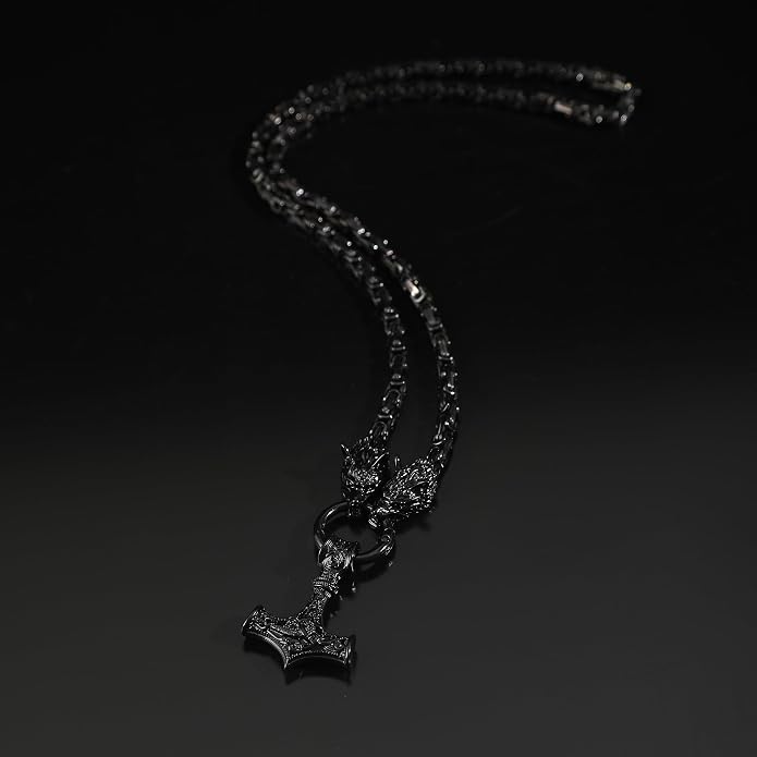 Viking Wolf Head Thor’s Hammer Pendant Necklace – Stainless Steel Norse Amulet Jewelry for Men, Nickel-Free, Gift Box Included