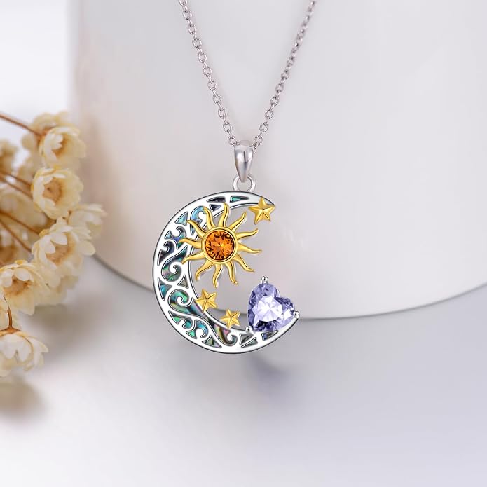 AOBOCO 925 Sterling Silver Sun and Moon Star Pendant Necklace with Simulated Birthstone, Birthday Christmas Jewelry Gift for Women Teen Girls